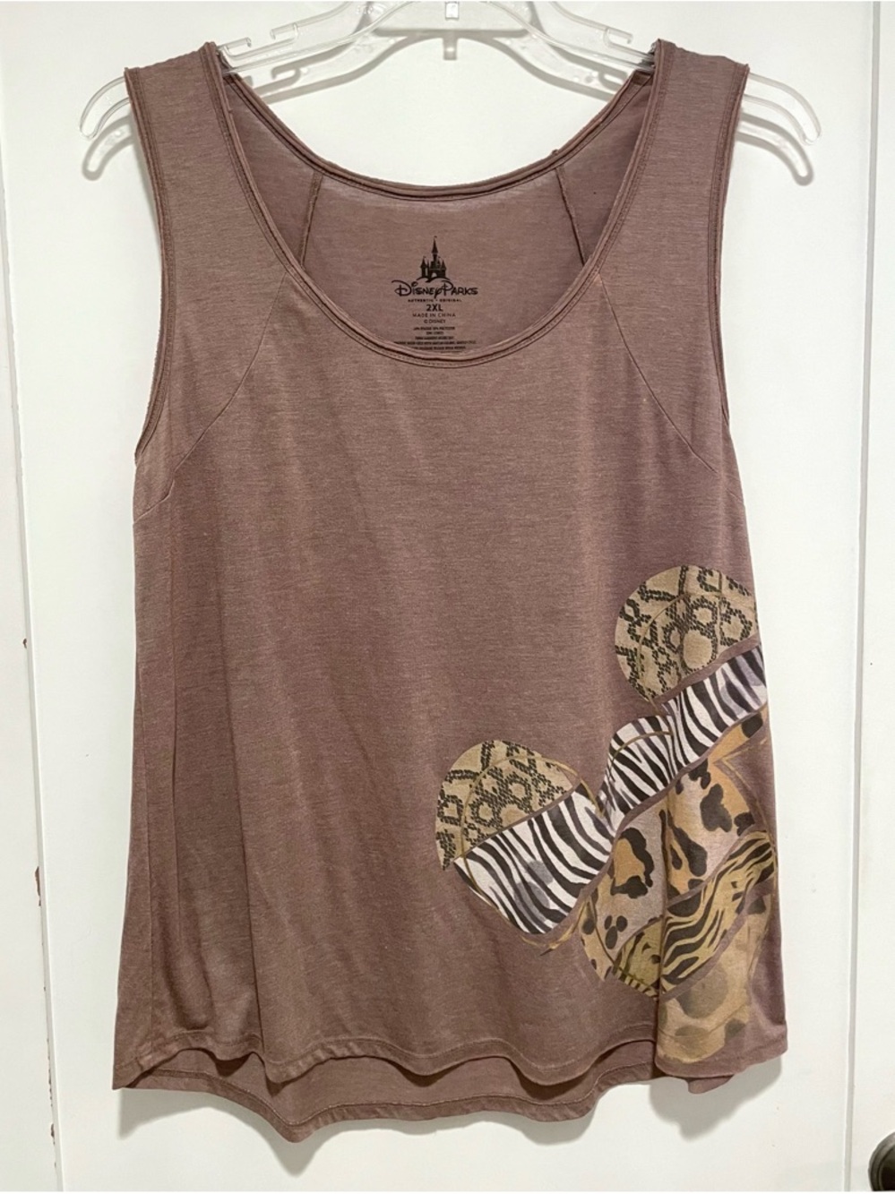 ☀️2/$20 RET Disney Parks Taupe Tank Top w Animal Print Mickey | Gold Accents